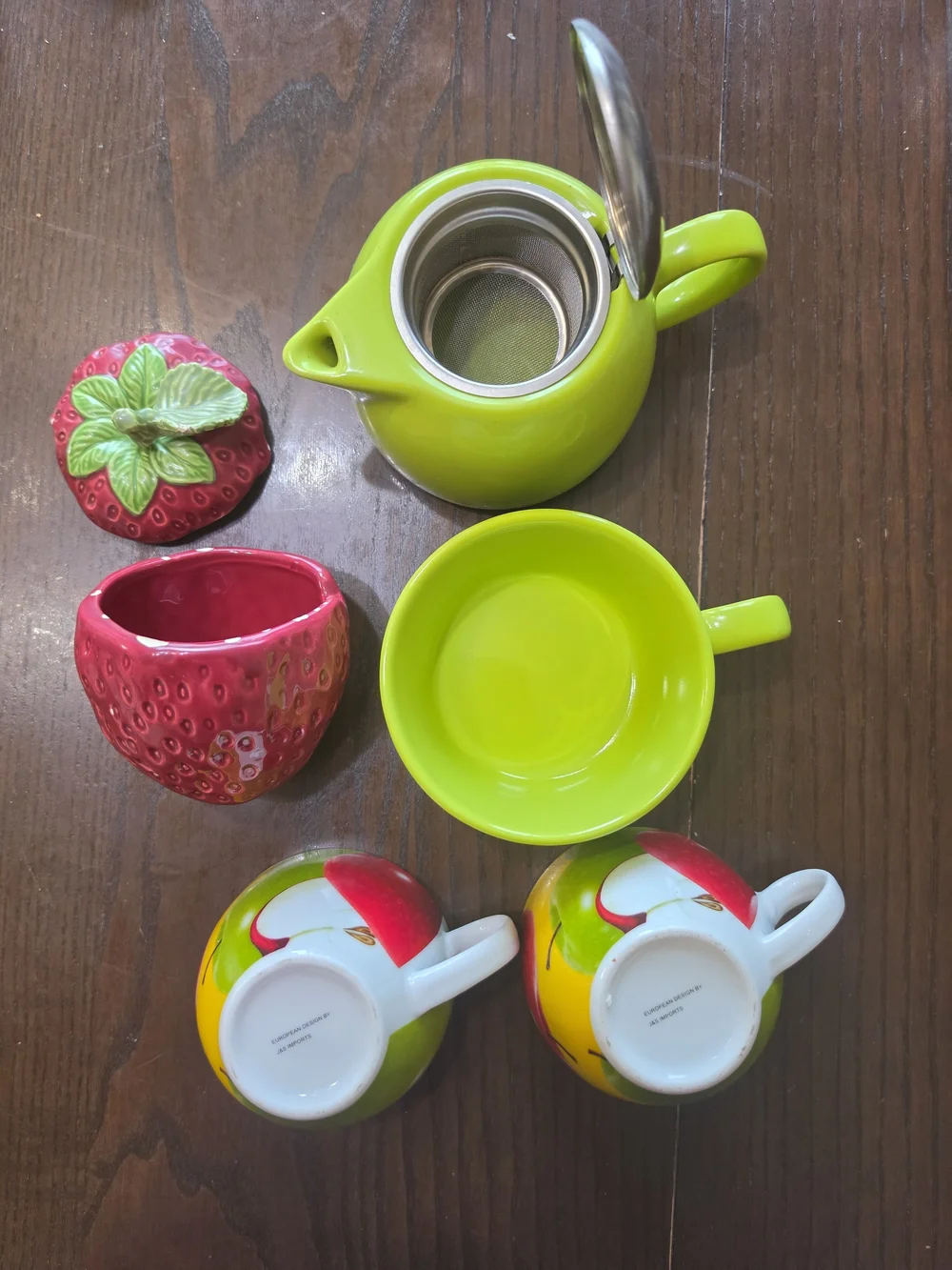 Bright Green Ceramic Tea Set with Fruit Accent Cups